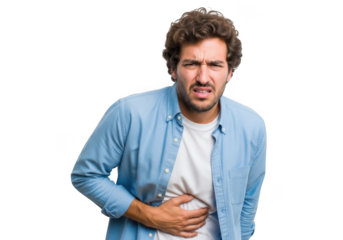 Man experiencing stomach ache, pain, discomfort, holding abdomen, digestive issues, health problem, isolated on transparent background