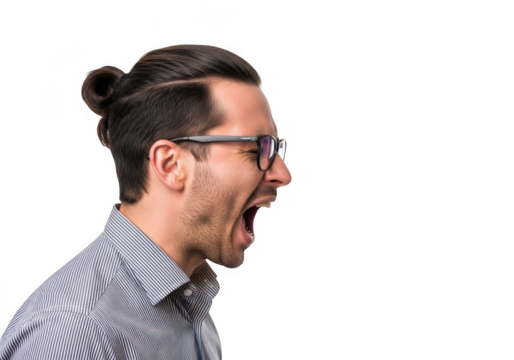Angry man yelling screaming side profile with glasses and top knot hairstyle stock photo portrait isolated on transparent background