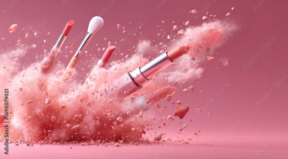 Poster a dynamic explosion of pink dust, creating an enchanting atmosphere for makeup products. a group of 