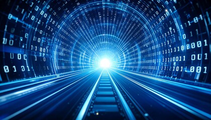A glowing tunnel of data and light, framed by a futuristic digital matrix. Binary code lines converge towards a bright center