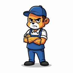 Angry cartoon bear mascot character in a blue worker uniform.