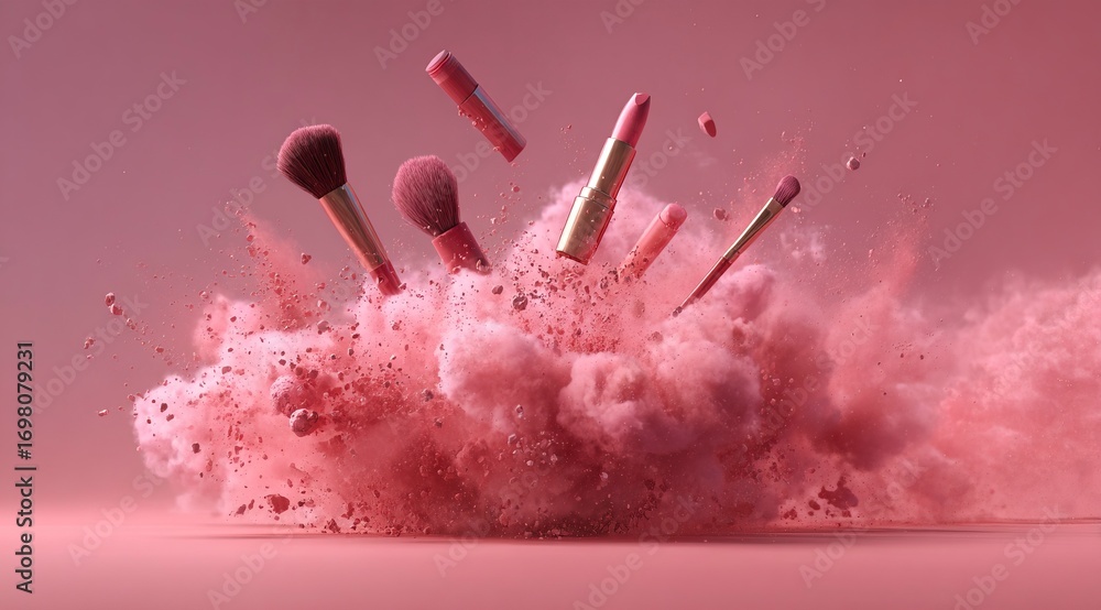 Poster a dynamic explosion of pink dust, creating an enchanting atmosphere for makeup products. a group of 