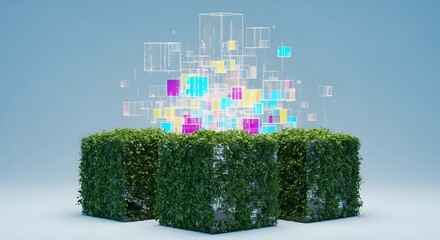 Three green cubes with leaves and floating transparent colorful cubes on a light blue background