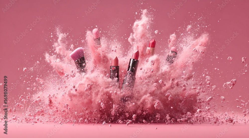 Poster a dynamic explosion of pink dust, creating an enchanting atmosphere for makeup products. a group of 