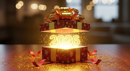Unwrap the future 2026 with a dazzling gift box opening to reveal bright, glowing numbers and confetti