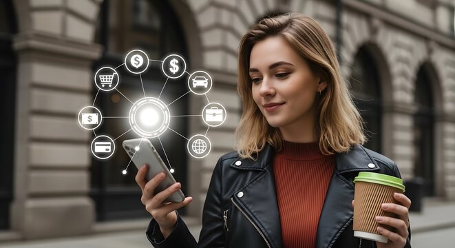 Woman using smartphone with digital icons overlay holding coffee on a city street background - Powered by Adobe