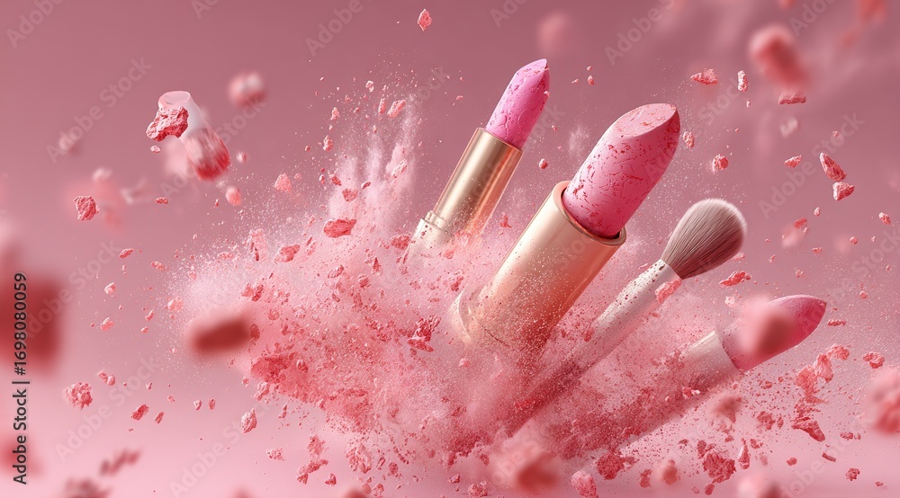 Poster a dynamic explosion of pink dust, creating an enchanting atmosphere for makeup products. a group of 