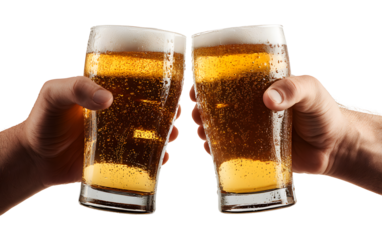 Cheers to friendship and celebration with two vibrant glasses of cold craft beer toasting