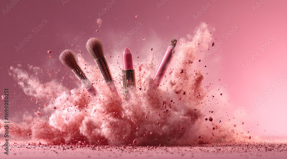 Poster a dynamic explosion of pink dust, creating an enchanting atmosphere for makeup products. a group of 