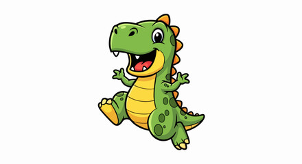 Fototapeta premium Cute green baby dinosaur cartoon character jumping happily.