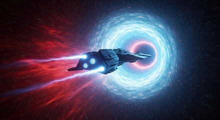 Spaceship hurtling through a swirling wormhole