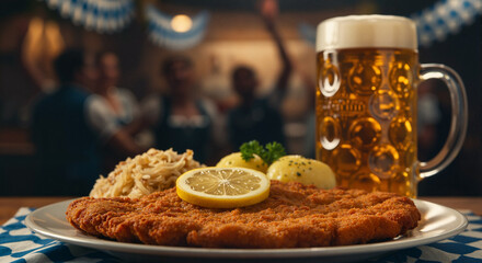 Fried schnitzel with lemon and beer on table in festive setting  