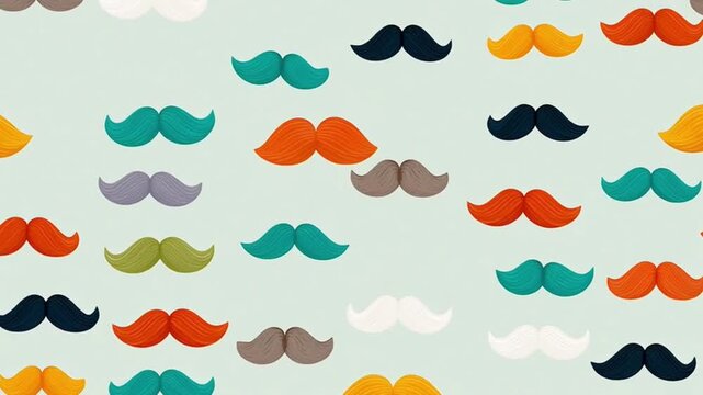 A colorful pattern of various styled mustaches on a white background.
