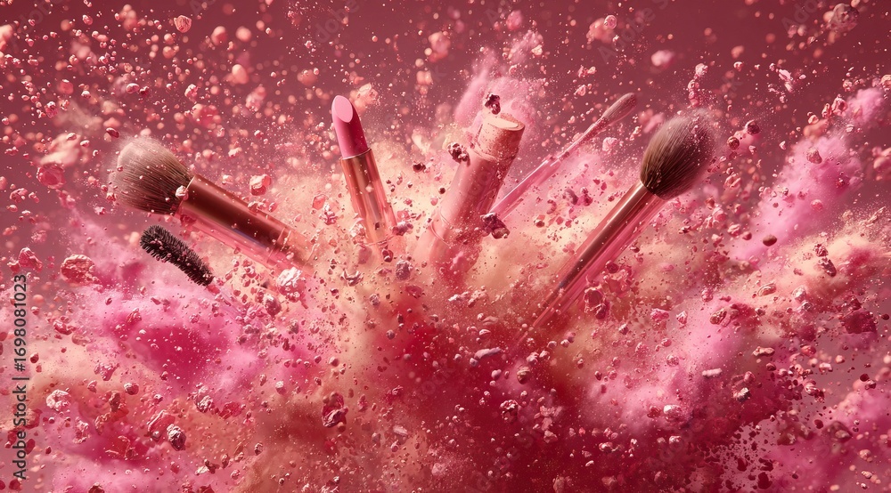 Poster a dynamic explosion of pink dust, creating an enchanting atmosphere for makeup products. a group of 