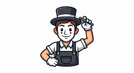 Fototapeta premium Cartoon mime artist in top hat and overalls holding a pen.