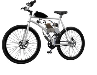 Obraz premium High-Resolution Motorized Bicycle with Petrol Engine Kit - Isolated Gas Powered Push Bike on Transparent HD Background, Ideal for Urban Commuter Design Assets and DIY Personal Transport Projects.