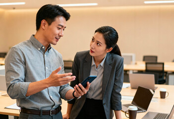 Asian business colleagues discussing strategy in office meeting, man showing smartphone to female coworker. Corporate teamwork, digital technology and professional communication with charts on screen