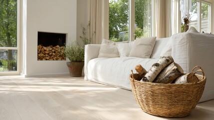 Cozy living room with birch firewood basket and elegant white sofa