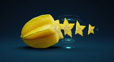 Star fruit segments explode in a dark backdrop