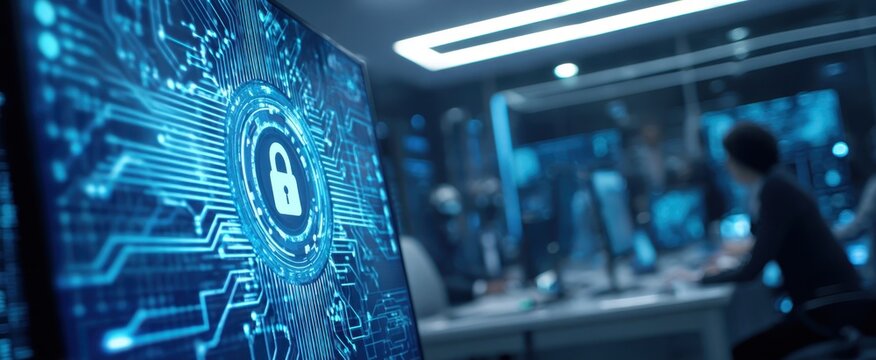 The padlock icon representing cybersecurity on a digital screen in control room