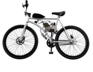 Fototapeta premium Custom Built Moped-Style Motorized Cruiser Bike Illustration. Power Assisted White Bicycle Side View Rendered in 3D for Commuting Lifestyle Concepts, Isolated on HD Transparent PNG Background.
