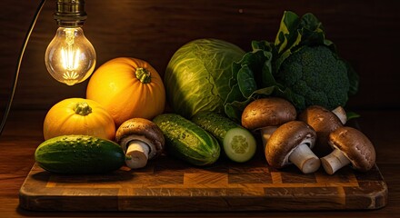 Still life of vegetables illuminated by a warm light bulb