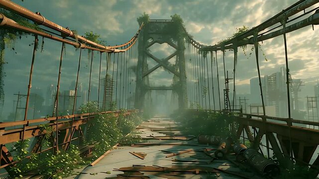 VF X game cinematic overgrown bridge post apocalyptic disaster scene 4k AI generated video. Gloomy atmosphere post apocalyptic bridge overgrown nature cinematic 4k AI generated video.