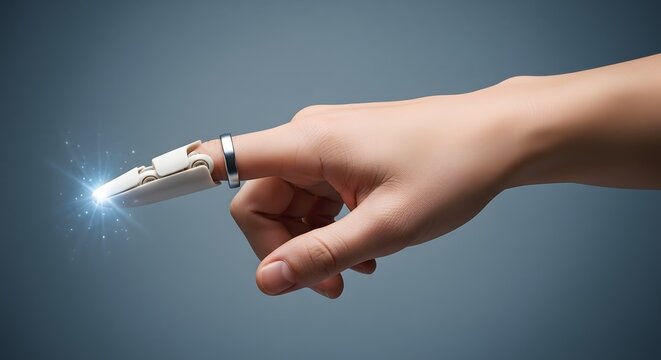 A hand with a robotic finger extension emitting light and a ring on a blue grey background