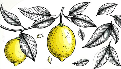 Hand-drawn lemons and leaves