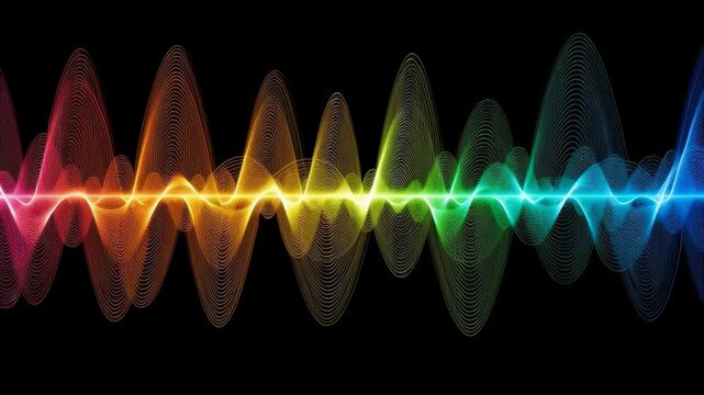 Visual representation of sound waves with rainbow color spectrum over black background reflecting pattern