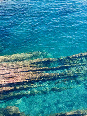 Natural background of water surface of turquoise blue color and rocks
