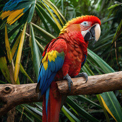 Obraz premium A vibrant Scarlet Macaw perches on a branch, showcasing its striking plumage within a lush tropical environment. A stunning portrait capturing the avian beauty of nature.