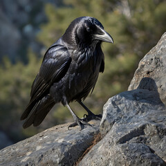 A majestic raven perches gracefully on a rugged rock formation, exuding an air of mystery and intelligence, surrounded by natural beauty.