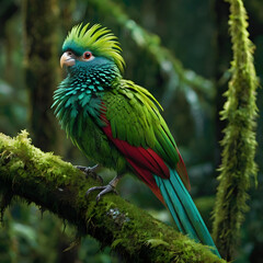 Fototapeta premium A vibrant, tropical bird with striking plumage perches gracefully on a moss-covered branch, blending seamlessly with the lush, emerald rainforest environment.