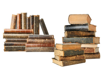 stacks of old hardcover books against transparent background