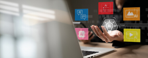 Businesswoman using artificial intelligence for content creation on laptop. Concept of AI tools for...