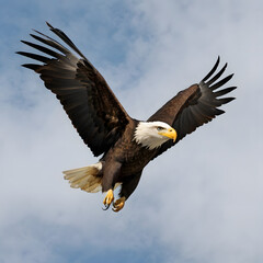 Obraz premium A majestic bald eagle soaring gracefully through the open sky. Captured mid-flight, its powerful wings outstretched against a backdrop of billowing clouds, representing freedom.