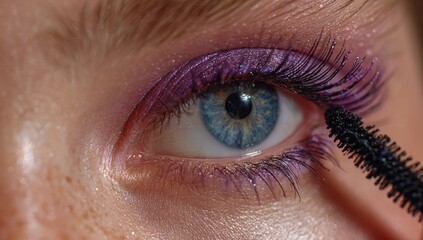 A close-up shot of a blue eye being decorated with purple eyeshadow and mascara
