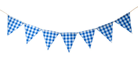 Blue and white checkered bunting flags perfect for celebrations, parties, and festive decorations on a string