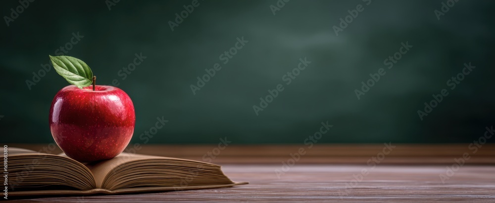 Poster the apple on an open book in a classic classroom setting with chalkboard