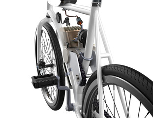 High-res 3D render: DIY motorized bike kit with white frame, black 2-stroke engine. Fuel-efficient...