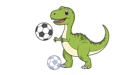 Obraz premium A cheerful cartoon Tyrannosaurus Rex, playfully juggling soccer balls, against a plain white background.