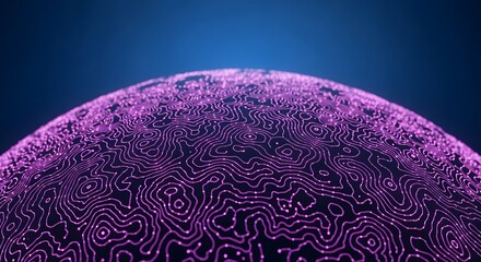 Abstract purple globe with topographic lines against a dark blue gradient background view from above
