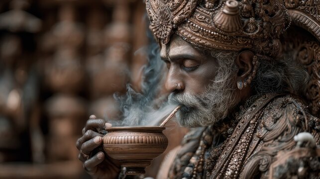 Mystical Portrait of a Sage Smoking with Elaborate Headdress and Rich Details - Powered by Adobe