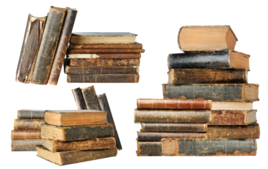 piles of aged, vintage books isolated against transparent background