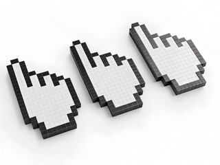 Three pixelated hand cursor icons with white pointers and black borders arranged diagonally on a white background