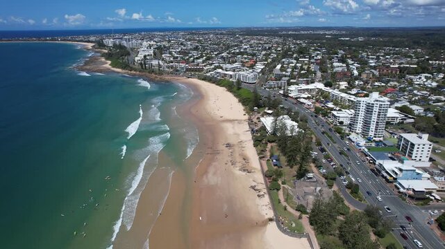 Traffic Over Alexandra Parade In Alexandra Headland On The Sunshine Coast Of Queensland, Australia. Aerial Drone Shot