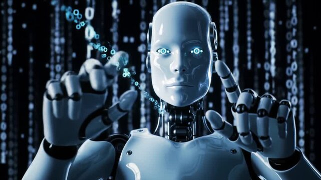 A humanoid robot stands in a digital environment, showcasing artificial intelligence and technology trends, surrounded by flowing binary code and glowing elements.