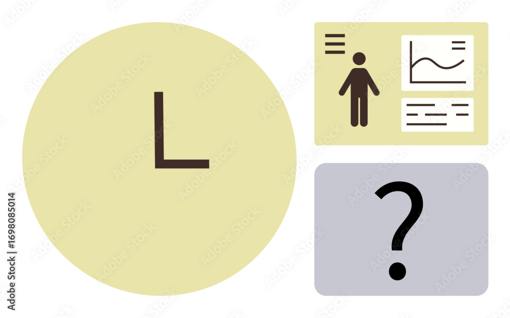 Poster large circle with l alongside two squares featuring data icons, human figure, chart, and question ma