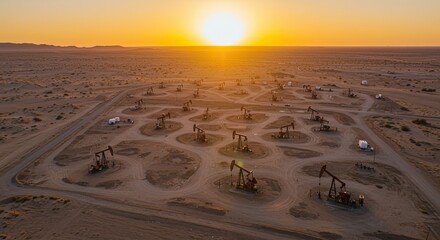 Sunrise over oil pumps in a desert landscape